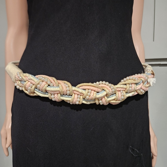 Vintage Braided Rope Belt Pearl Detail Pastel Nautical Statement Waist Belt. M/L main image 5